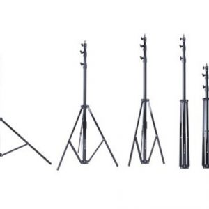 five light stands with legs in varying degrees of open on a white background