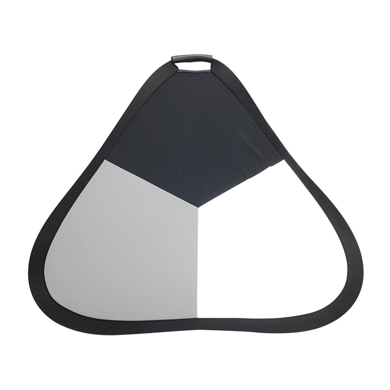triangular gray card showing 1/3 black, 1/3 white, and 1/3 gray