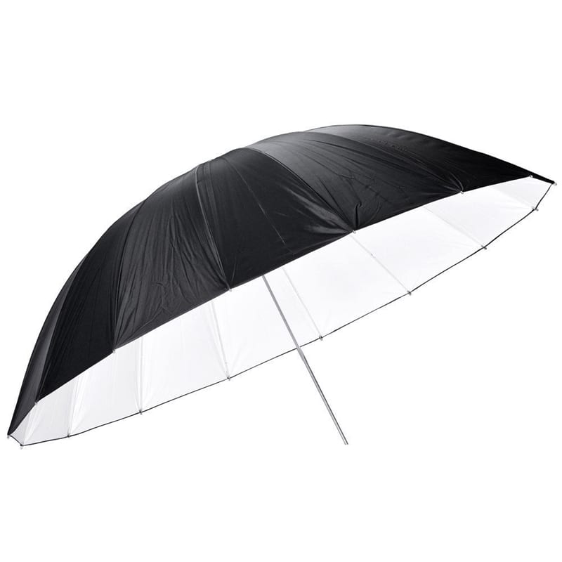 Studio light umbrella with black cover and white interior on a white background
