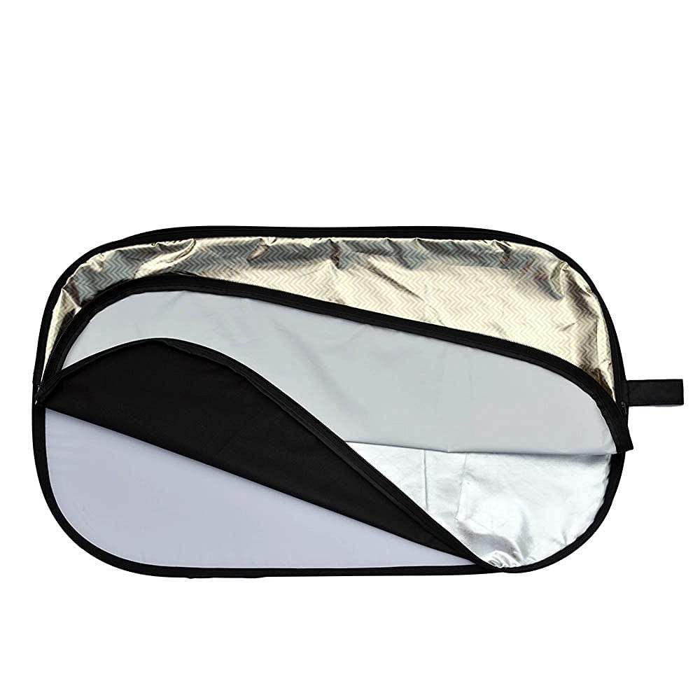 Light reflector showing gold reflection and unzipped inside that can be turned to white , black, or opaque surface