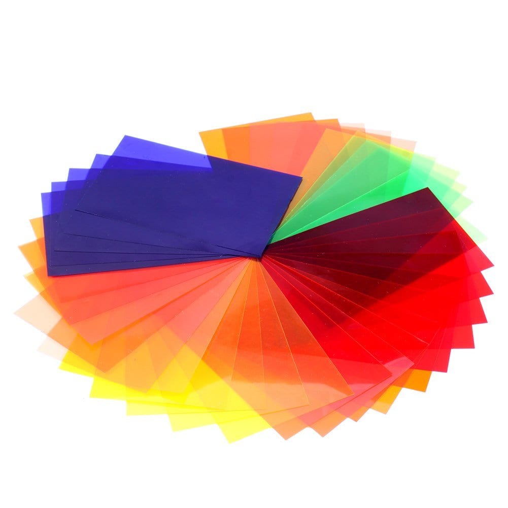 blue, orange, yellow, red, and green gels fanned out into a circle on a white background