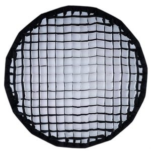 Front view of parabolic soft box with grid on white background