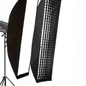 Two strip boxes attached to studio strobe and light stand, one with a grid