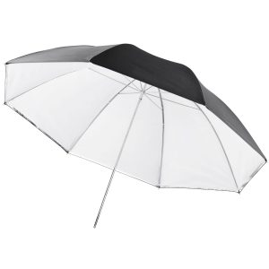 Photographic umbrella with white interior and black exterior