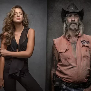 Young female with long brunette hair on concrete background on the left and onlder male model with cowboy hat, long hair, and beard on grungy gray background on the right.